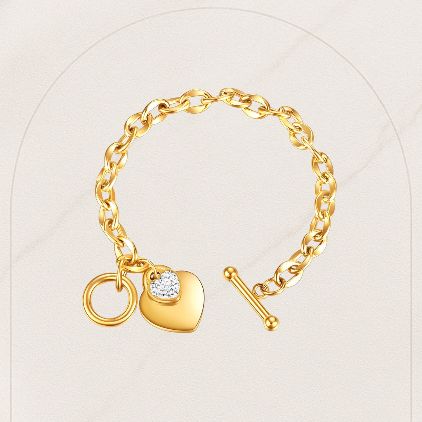 18K Gold-Plated Stainless Steel Heart Bracelet – Waterproof, Hypoallergenic, Tarnish-Free Jewelry for Women