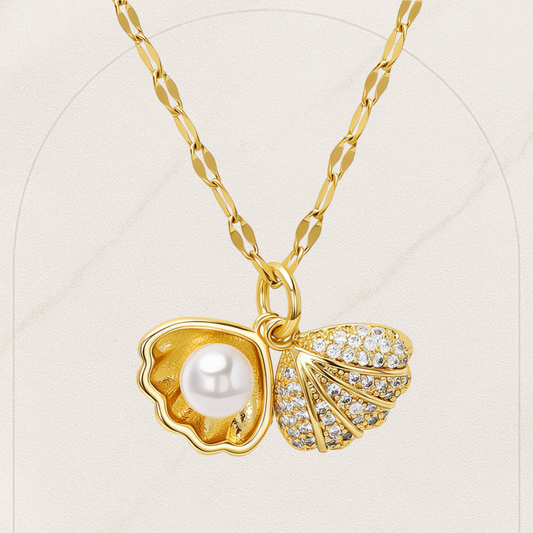 Seashell Pearl Pendant Necklace – 18K Gold Plated with Cubic Zirconia | Waterproof & Hypoallergenic