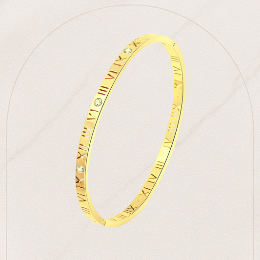 Roman Numeral Bangle Bracelet – 18K Gold Plated with Cubic Zirconia